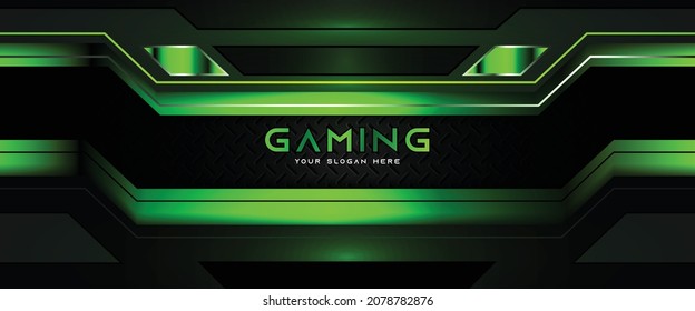 Futuristic light green gaming banner design with metal technology concept. Vector illustration for business corporate promotion, wallpaper, game header social media, live streaming background