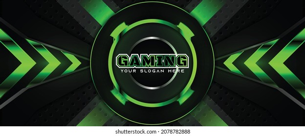 Futuristic light green gaming banner design with metal technology concept. Vector illustration for business corporate promotion, wallpaper, game header social media, live streaming background