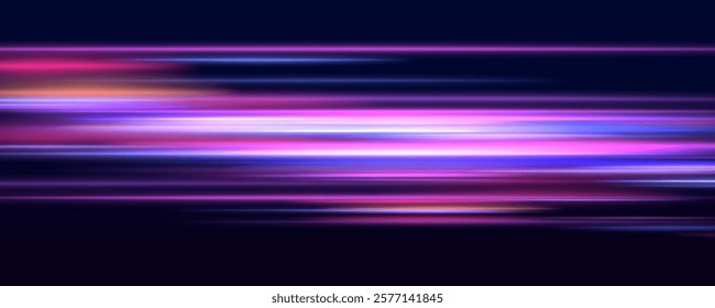 Futuristic light motion effects on a black background, showcasing fast-moving neon stripes and creative illustrations of high-speed concepts, ideal for visualizing technology and progress.	