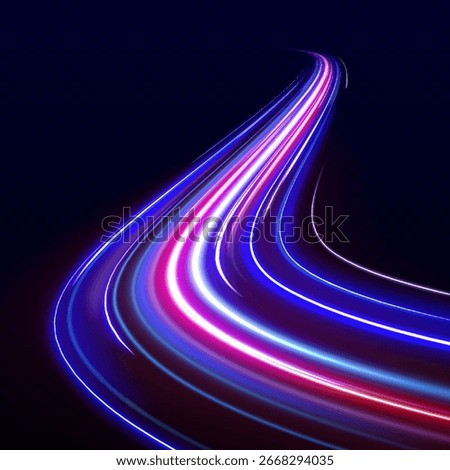Futuristic light motion effects on a black background, showcasing fast-moving neon stripes and creative illustrations of high-speed concepts, ideal for visualizing technology and progress.