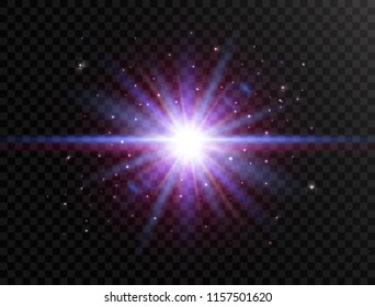 Futuristic light on transparent background. Flash with rays and spotlight. Star burst with beams and sparkles. Glowing effect. Colorful lens flare. Explosion star. Vector illustration.