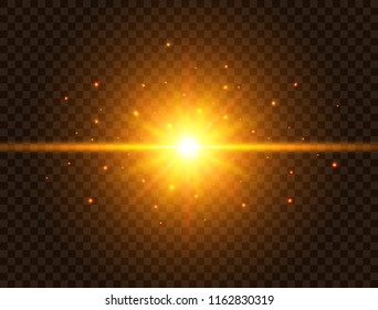 Futuristic light on transparent background. Gold star burst with beams and sparkles. Sun flash with rays and spotlight. Glowing effect. Colorful lens flare. Explosion star. Vector illustration.