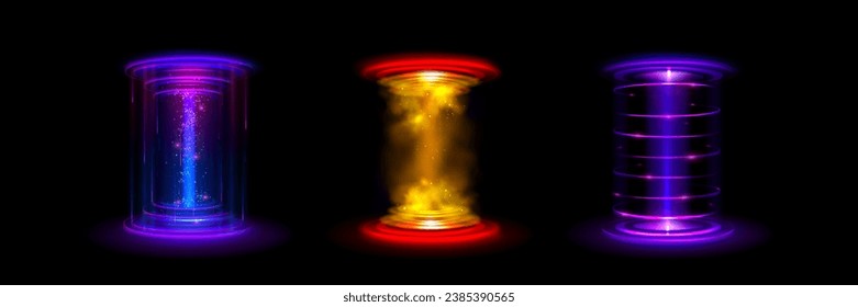 Futuristic light portals set isolated on black background. Vector realistic illustration of neon blue, purple, yellow holograms for space game ui design, smoke and sparkles effect, digital teleport