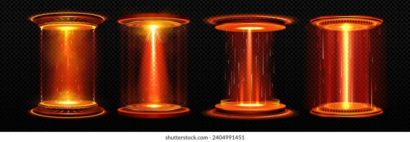 Futuristic light portals set isolated on transparent background. Vector realistic illustration of sci-fi game teleport with orange ray, hot smoke, shimmering particles, science laboratory platform