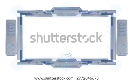 Futuristic light tech interface frame with empty white display area, glowing cyan blue circuit borders, side modules, and clean HUD layout