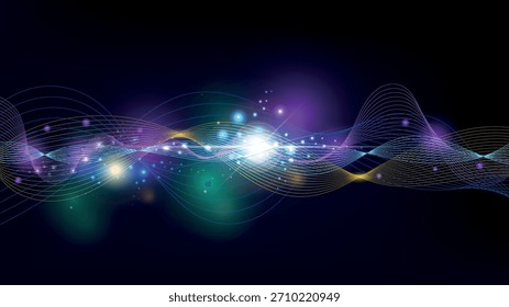 Ilustración de onda de luz futurista que representa redes neuronales y fibra óptica. Un diseño cibernético de alta tecnología con destellos de lente sobre un fondo oscuro.