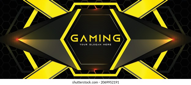 Diseño futurista de banner de juegos amarillo claro con concepto de tecnología de metal. Ilustración vectorial para la promoción empresarial, encabezado de juego, medios sociales, transmisión en directo
