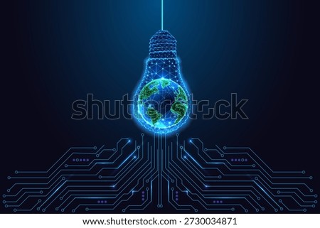 Futuristic lightbulb containing Earth above circuit board, symbolizing Earth Hour, sustainability, and smart energy tech. Digital neon vector with environmental AI and eco-friendly themes.