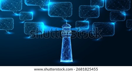 Futuristic lighthouse with digital speech bubbles. AI guidance, clarity in communication, and decision-making. Polygonal low poly vector concept with innovation and tech symbolism. Vector illustration