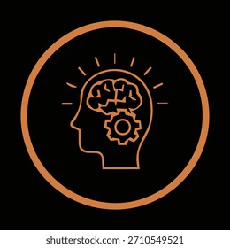 Icono de línea futurista que simboliza un cerebro con engranajes, que representa la inteligencia, la IA y la resolución de problemas.