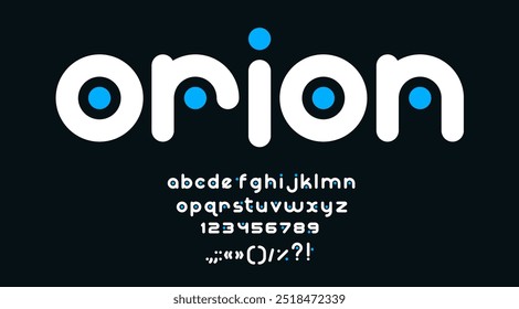 Fonte de ponto de link futurista, tipo de cadeia criativa. Letras alfabéticas e números do alfabeto inglês tipografia vetorial de união moderna. Fonte ligada minimalista da moda de caracteres abc brancos com pontos azuis