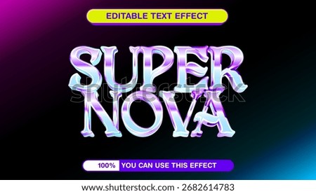 Futuristic liquid metal text style with vibrant purple and blue holographic gradients. Editable vector graphic template