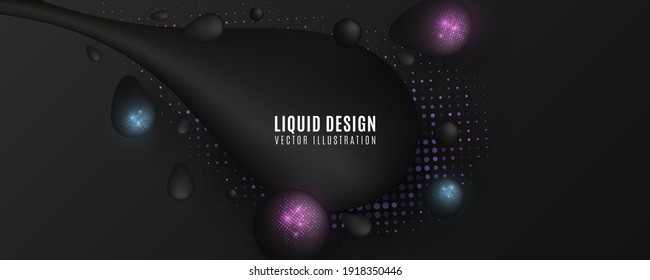 Futuristische flüssige Formen mit glänzendem Halbtoneffekt auf dunklem Hintergrund. Tropft mit einem funkelnden Halbtoneffekt. Fließende Elemente für Grafikdesign. Abstrakte elegante Vorlage. Vektorgrafik. EPS10.