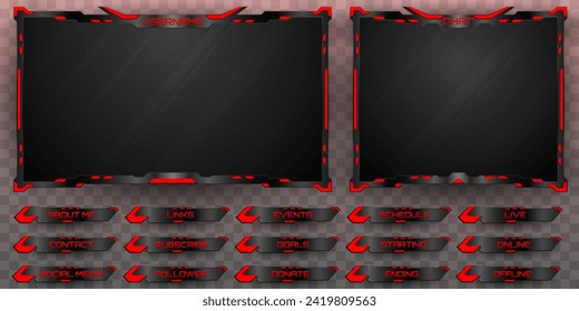 Futuristic Live Stream Overlay Webcam Screen Frame and Stream Alert GUI Panels with Metallic Black and Red Colors for Gaming and Video Streaming Platforms