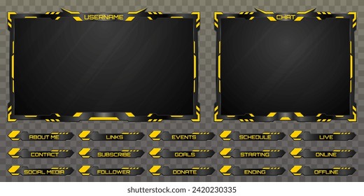 Futuristic Live Stream Overlay Webcam Screen Frame and Stream Alert GUI Panels with Metallic Black and Yellow Color Borders for Gaming and Video Streaming Platforms