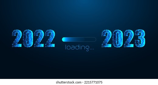 Futuristic Loading from 2022 to 2023 business web banner in glowing low polygonal style on dark blue background. Planning, New Year golas, vision concept. Modern wireframe design vector illustration