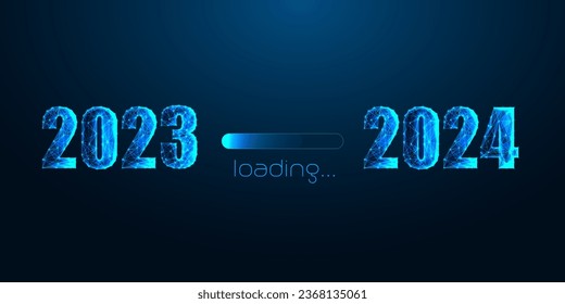 Futuristic Loading from 2023 to 2024 business web banner in glowing low polygonal style on dark blue background. Planning, New Year golas, vision concept. Modern wireframe design vector illustration