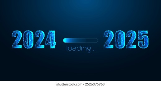 Futuristic Loading from 2024 to 2025 business web banner in glowing low polygonal style on dark blue background. Planning, New Year golas, vision concept. Modern wireframe design vector illustration