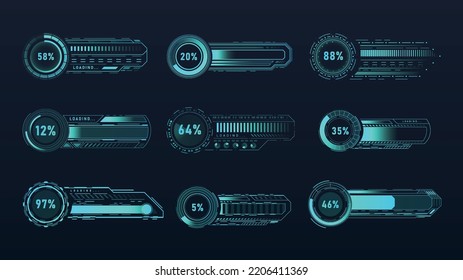 Futuristic loading bars. Collection of graphic elements for developing programs and applications. Upload and download. Cyberspace and digital world, progress bar. Cartoon flat vector illustration