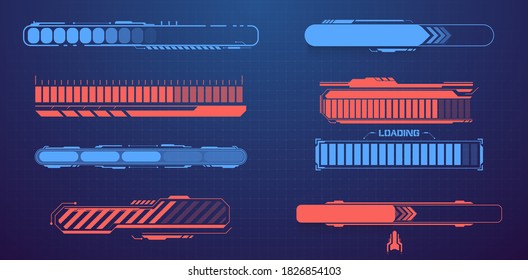 Futuristic loading elements. Sci Fi, UX, Modern Futuristic User Interface Progress Bar. or visualization of loading applications, games. Vector illustration