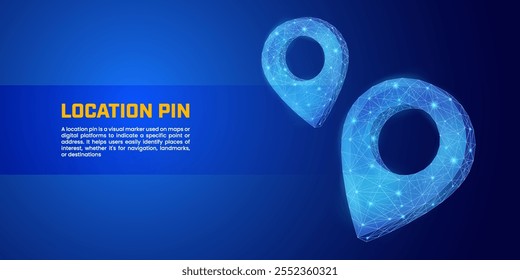 Futuristic location pin icon, digital map pin with low poly style in blue background suitable for presentation background about navigation, GPS, transport logistics, transportation and travel.