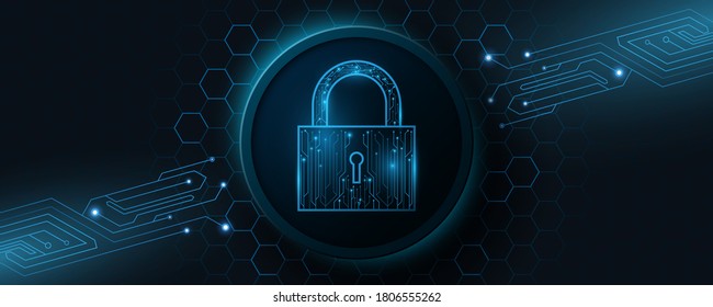 A Futuristic Lock Made From A Computer Circuit Board. Protected Data. Glowing Cyber Padlock On A Background With A Pattern Of Honeycombs. High-tech Graphic. Vector Illustration. EPS 10.