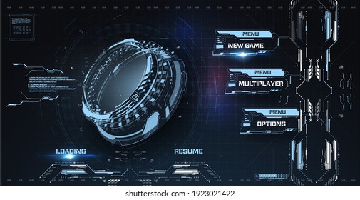 Futuritic Login, Cyberpunk Menu Interface Screen HUD, FUI, GUI. Plantilla de juego de diseño futurista. Kit de interfaz de juego de menú principal. Ilustración del vector