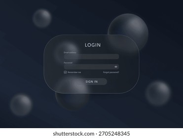 Futuristic login interface with dark and curved matte glass panel and spheres.