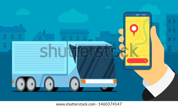 Futuristic logistic\
cargo truck in urban city. Map navigator location point on\
smarthphone screen. Business transport tracking delivery monitoring\
app. Shipment vector\
illustration