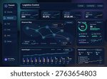 Futuristic logistics control dashboard interface displaying shipment statistics, fleet status, cost graphs, alert center, and a dynamic shipment map with data visualizations.