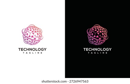 Ein futuristisches Logo-Design mit einer stilisierten Kugel mit Technologieelementen auf kontrastierenden Hintergründen