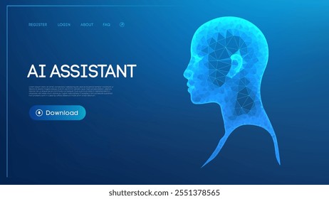 Futuristic low poly AI assistant design with a digital human head silhouette on a blue gradient background.