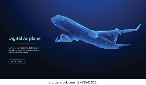 Futuristic Low Poly Airplane, Digital Aviation and Air Transport Technology Concept, Abstract Flight Illustration