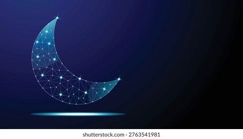 Futuristic Low Poly Crescent Moon with Glowing Network Connections, Digital Night Sky Technology Concept, Abstract Geometric Moon Illustration