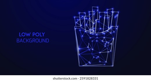 Futuristic Low Poly Digital Wireframe Illustration of French Fries in a Container with Neon Blue Glowing Polygonal Connections on a Dark Abstract Background