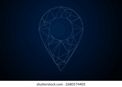 Futuristic low poly glowing blue location pin icon, polygonal mesh GPS marker design 