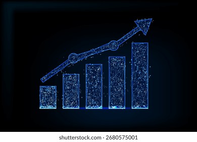 Futuristic low poly glowing blue bar chart with upward arrow, digital polygon mesh design 
