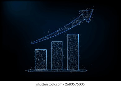 Futuristic low poly glowing blue bar chart with upward arrow, digital polygon mesh design 