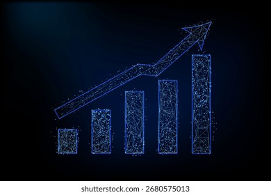 Futuristic low poly glowing blue bar chart with upward arrow, digital polygon mesh design 