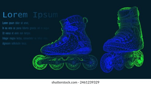 Futuristic low poly image of roller skates, consisting of glowing lines, triangles, isolated on a dark blue background. Modern frame design. Vector illustration