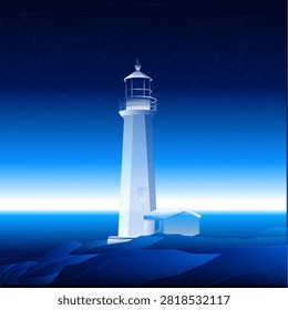 Futuristic low poly lighthouse vector illustration with glowing blue polygon mesh on sea coast. Vector illustration