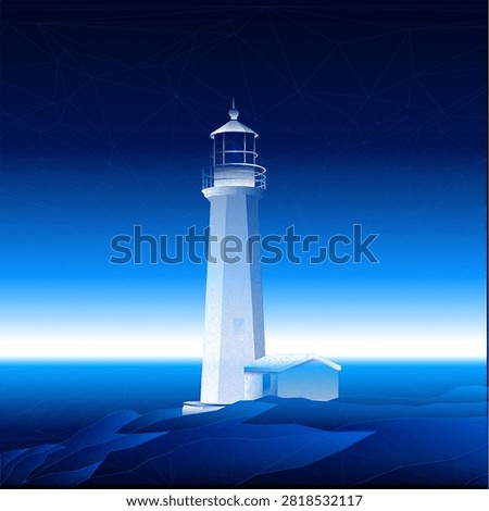 Futuristic low poly lighthouse vector illustration with glowing blue polygon mesh on sea coast. Vector illustration