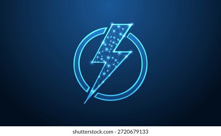 Icono futurista de perno de relámpago de baja poli hecho de conexiones digitales azules brillantes dentro de un marco circular sobre fondo oscuro que representa la tecnología de energía eléctrica y la velocidad eléctrica.
