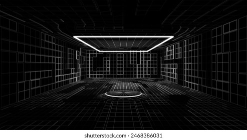 Futuristic low poly sci-fi laboratory or spaceship corridor with neon light. Vector illustration