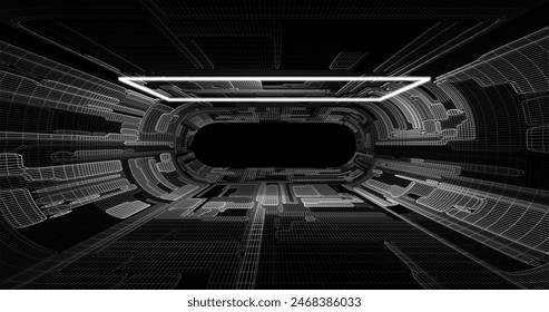 Futuristic low poly sci-fi laboratory or spaceship corridor with neon light. Vector illustration