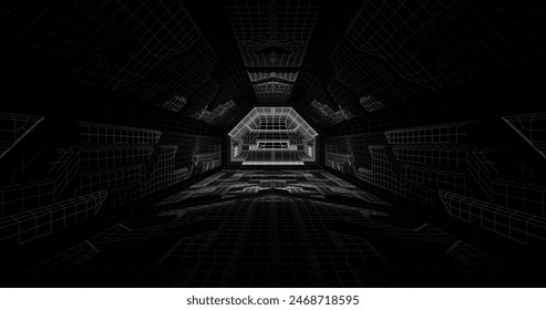 Futuristic low poly sci-fi laboratory or spaceship corridor with neon light. Vector illustration