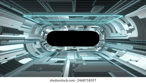 Futuristic low poly sci-fi laboratory or spaceship corridor with neon light. Vector illustration