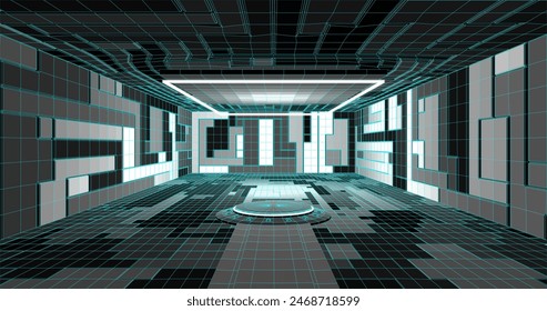 Futuristic low poly sci-fi laboratory or spaceship corridor with neon light. Vector illustration