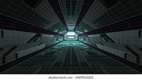 Futuristic low poly sci-fi laboratory or spaceship corridor with neon light. Vector illustration