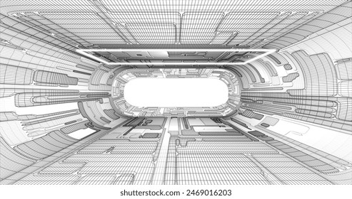 Futuristic low poly sci-fi laboratory or spaceship corridor with neon light. Vector illustration